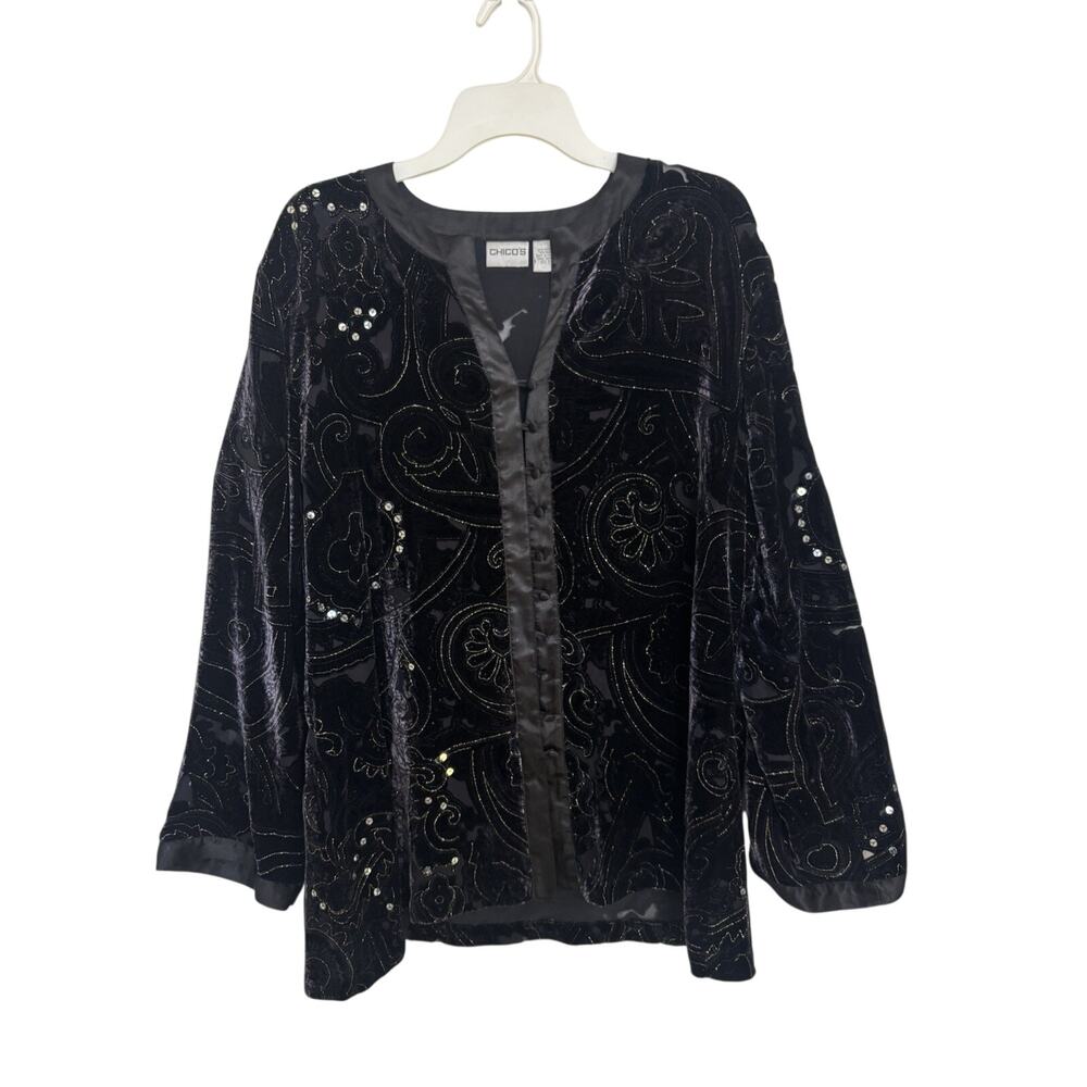 Chico’s Black Velvet Burnout Silk Blend Sequin Beaded Cardigan Jacket 3 XL FLAW